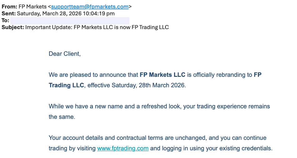 Email confirming FP Markets to FP Trading rebrand