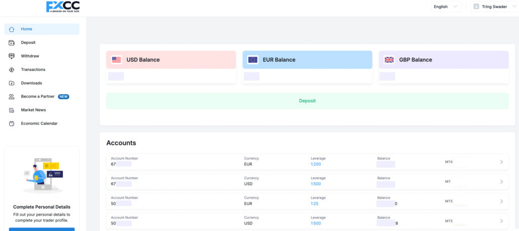 Nuestro panel de cuentas en FXCC con cuatro cuentas abiertas de trading