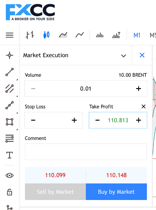Colocación de una orden de ejecución de mercado en la plataforma MT5 de FXCC