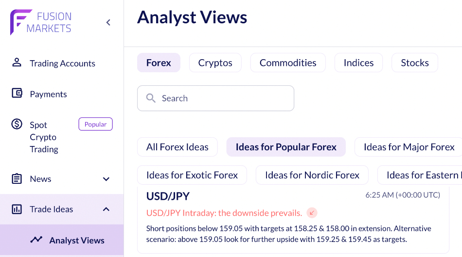 Analyst Views in Fusion Markets client area