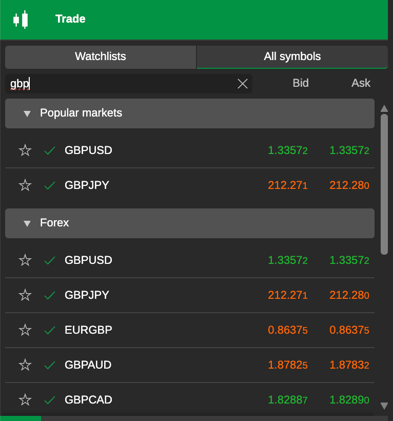 Searching for GBP currency pairs in Fusion Markets' cTrader platform