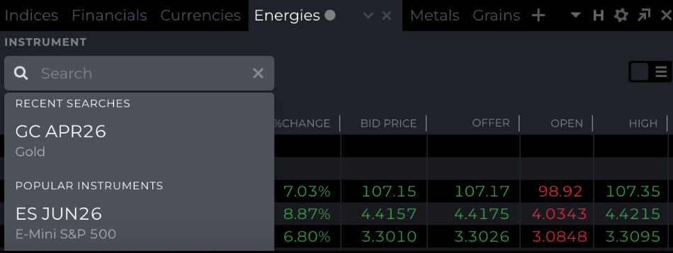 Barra de búsqueda de instrumentos de NinjaTrader