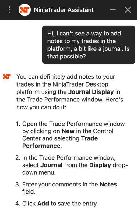 Conversación de soporte por chat en vivo de NinjaTrader
