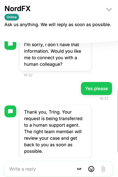 NordFX live chat conversation