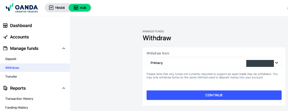 Retiro en área de cuenta de OANDA US