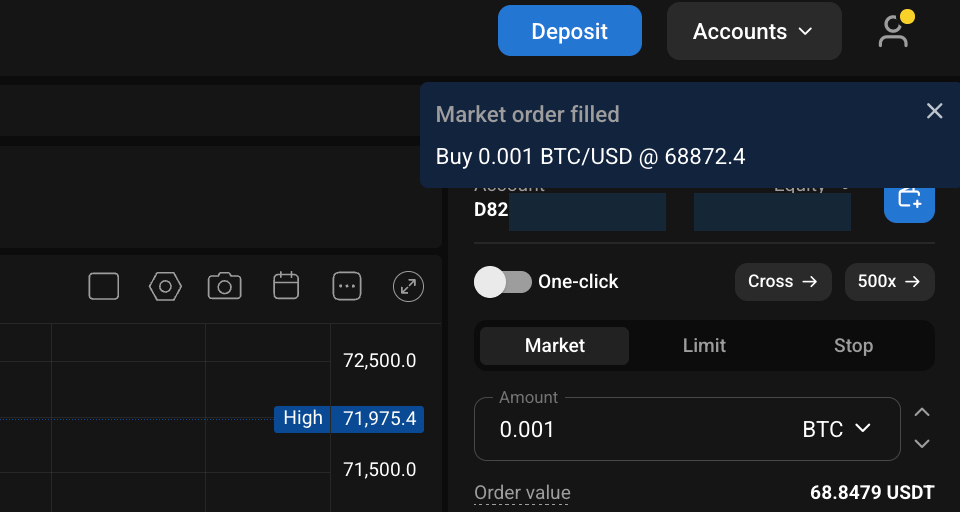 Order confirmation on PrimeXBT platform