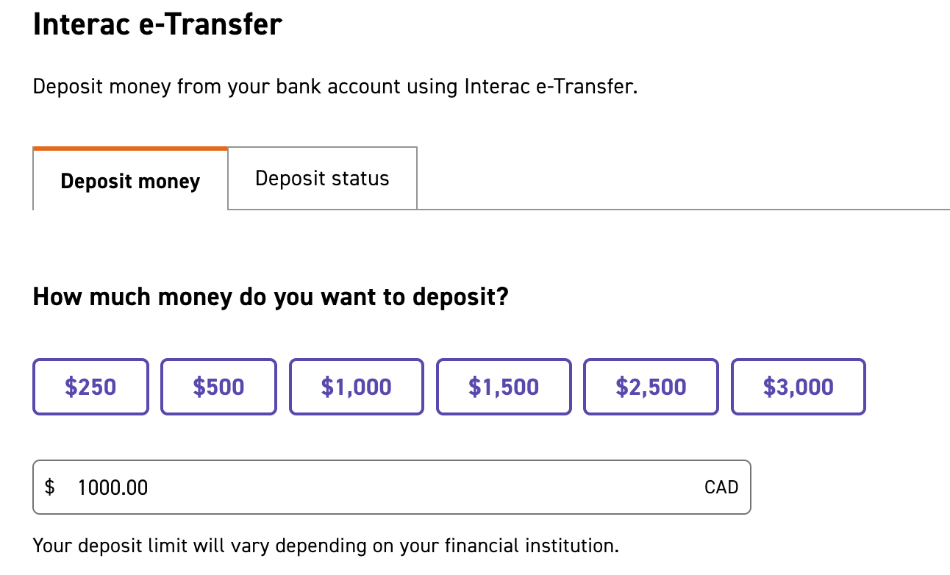 Making a deposit in Interac's client area