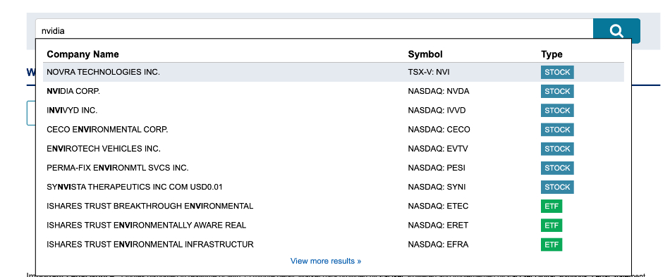 Searching for Nvidia stock in Qtrade terminal