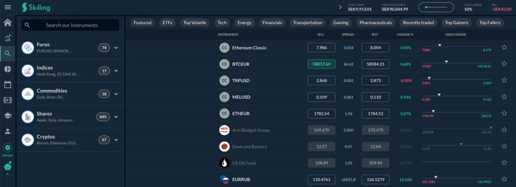 Búsqueda de activos en el área de cliente de Skilling