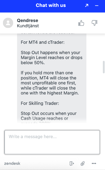 Conversación en el chat en vivo de Skilling