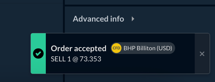 Alerta de confirmación de comercio en la plataforma de Skilling