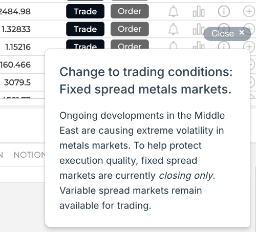 Notification in the Trade Nation platform saying fixed spreads are paused