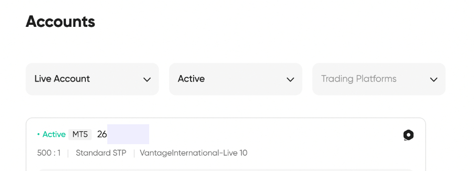 Live account details at Vantage