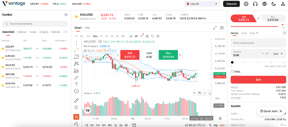 Vantage web platform with gold chart