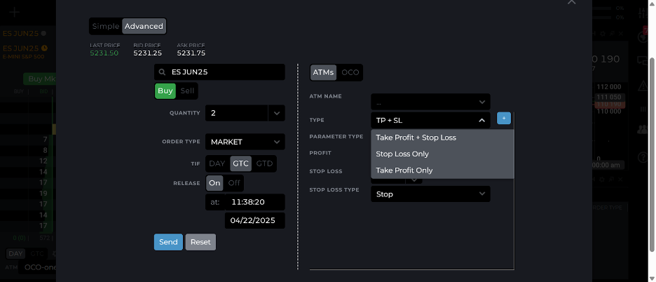Setting up a bracket order on NinjaTrader's trading platform