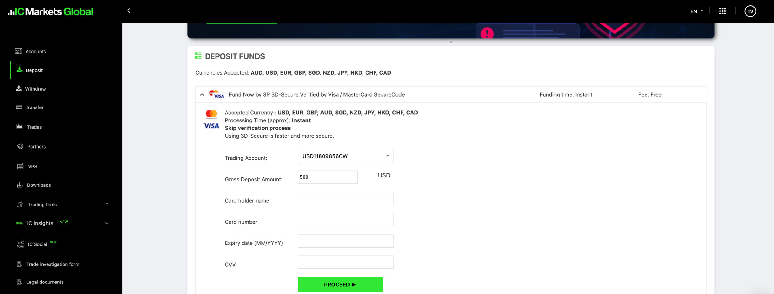 IC Markets deposit portal for card payments