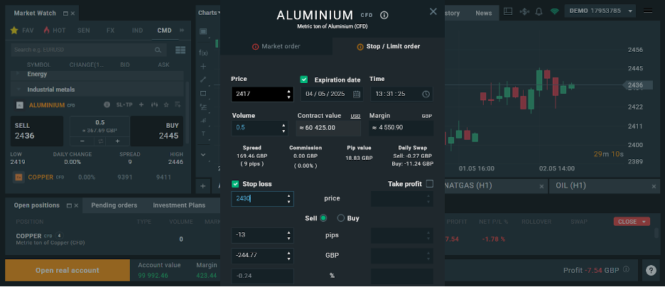 Placing a trade on aluminium through XTB's platform