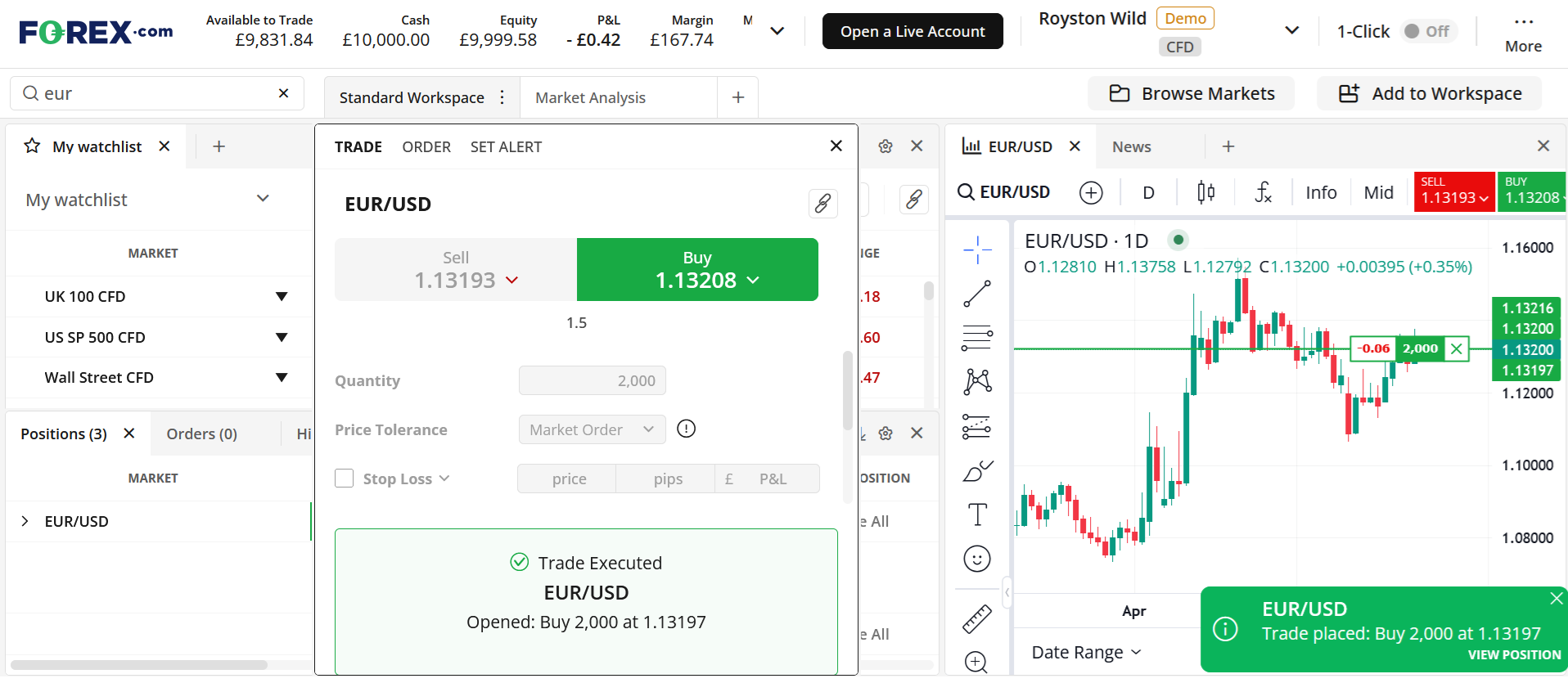 Setting up a market buy order on the FOREX.com platform