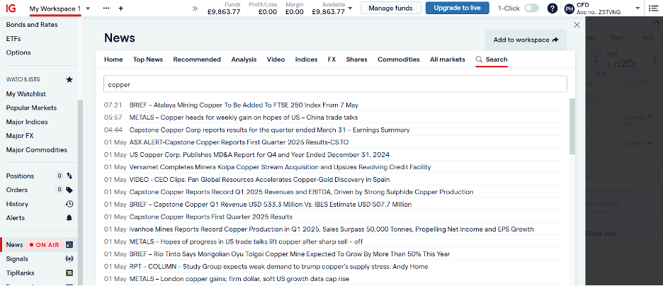 News about copper markets in IG's web platform