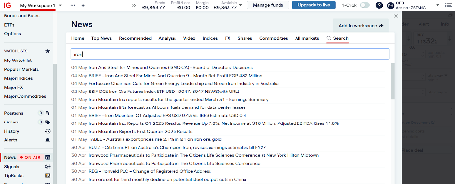 News related to iron ore in IG's web platform