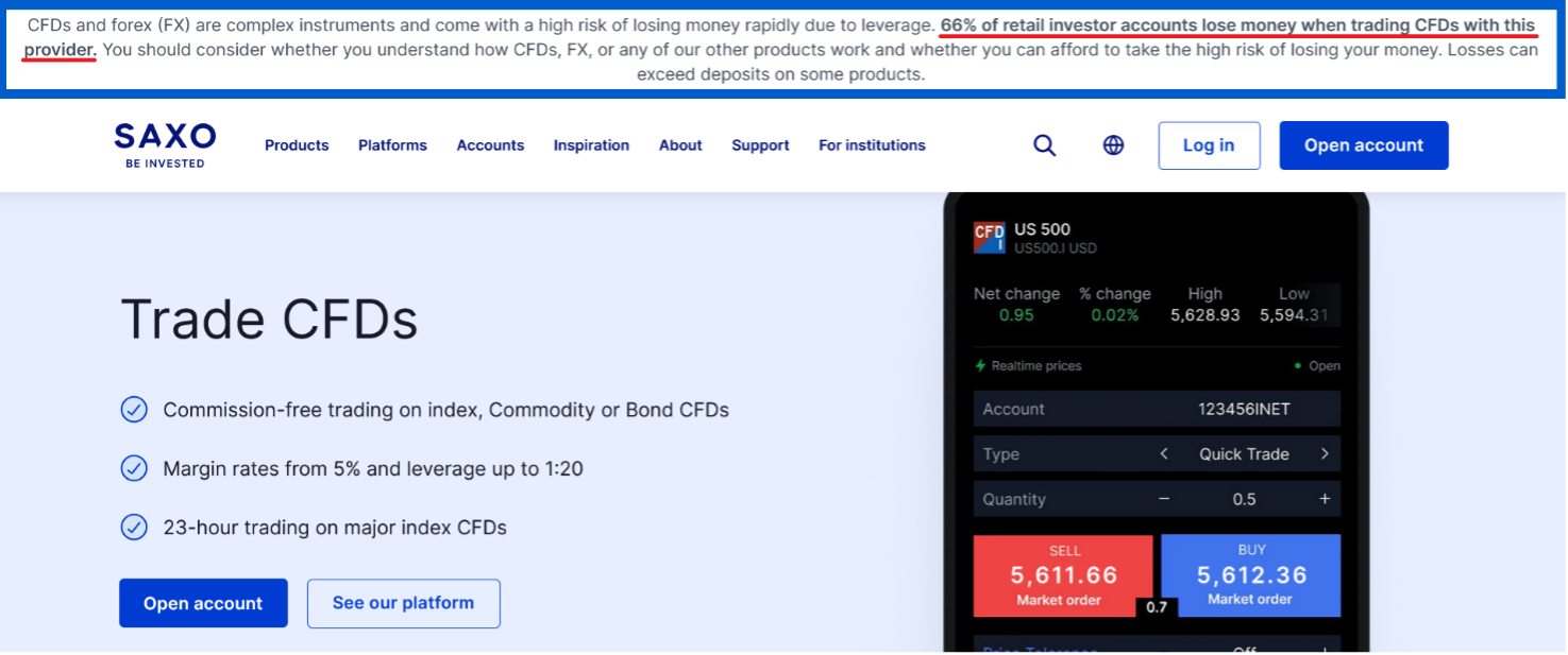 Risk disclosure on the top of Saxo's website