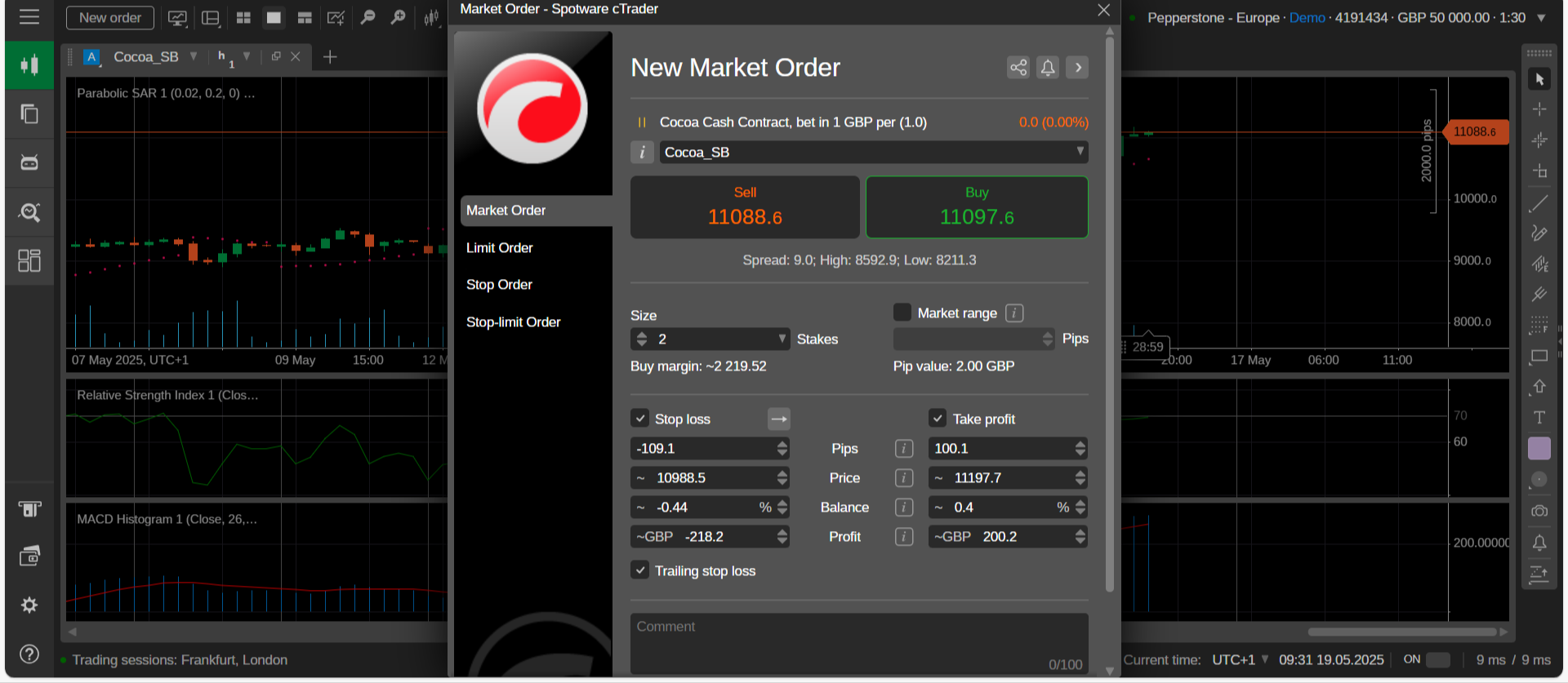 Cocoa trade order on Pepperstone's trading platform