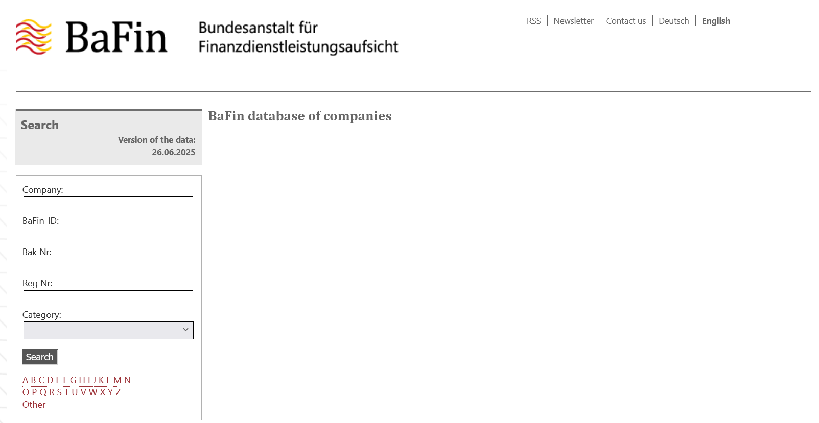 The homepage of BaFin's company database