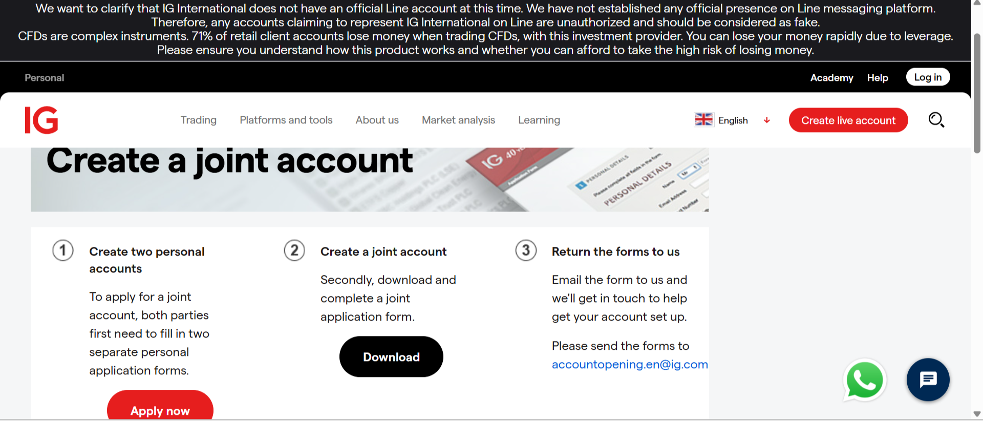 IG joint account sign up page