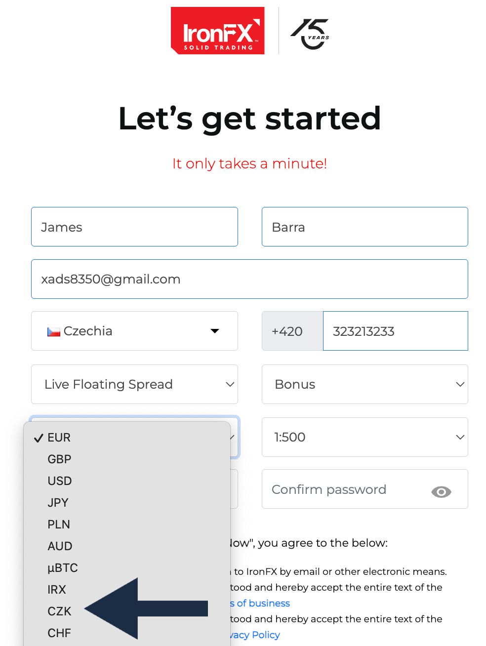 Opening an IronFX trading account based in Czech koruna (CZK)