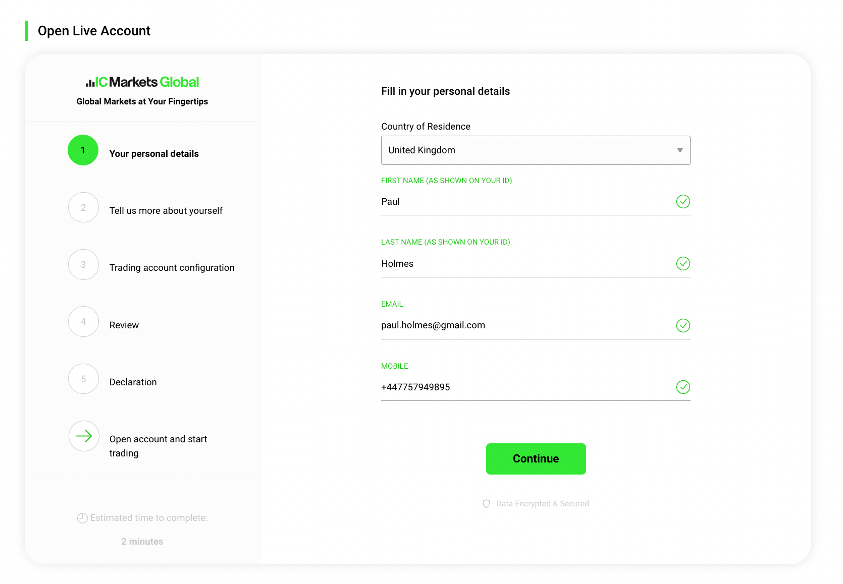IC Markets new trading account sign up form