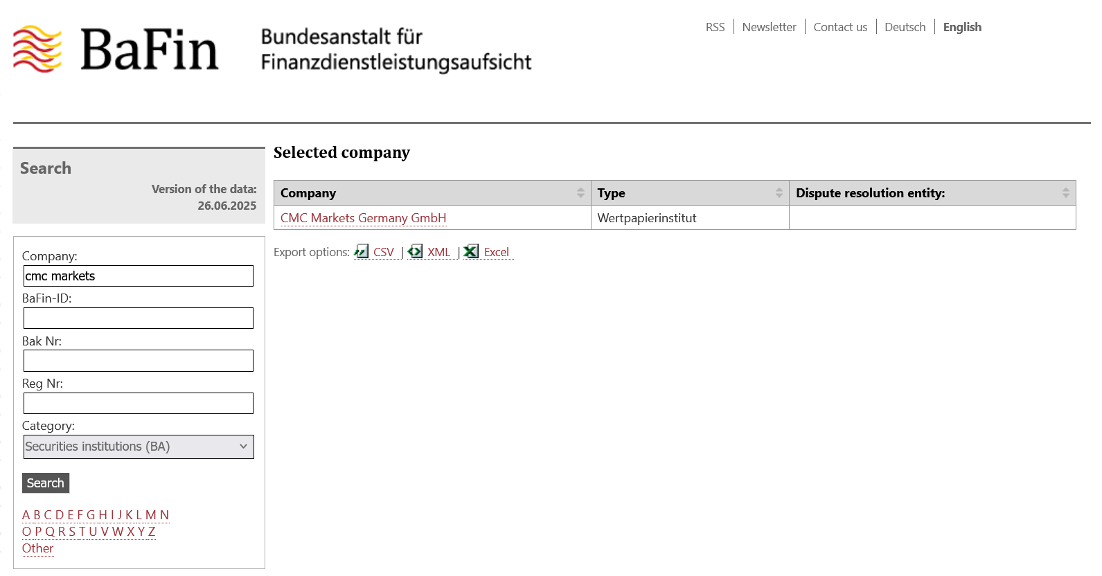 CMC Markets Germany's results after punching he name into the database