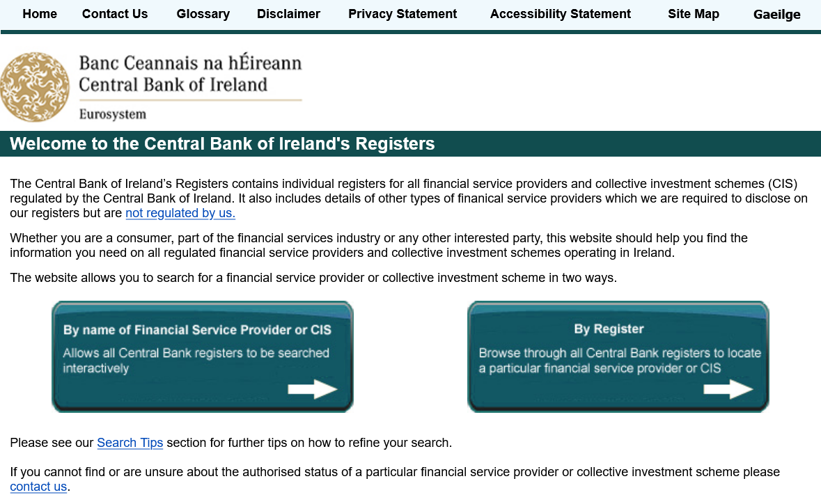 The Central Bank of Ireland's two Registers