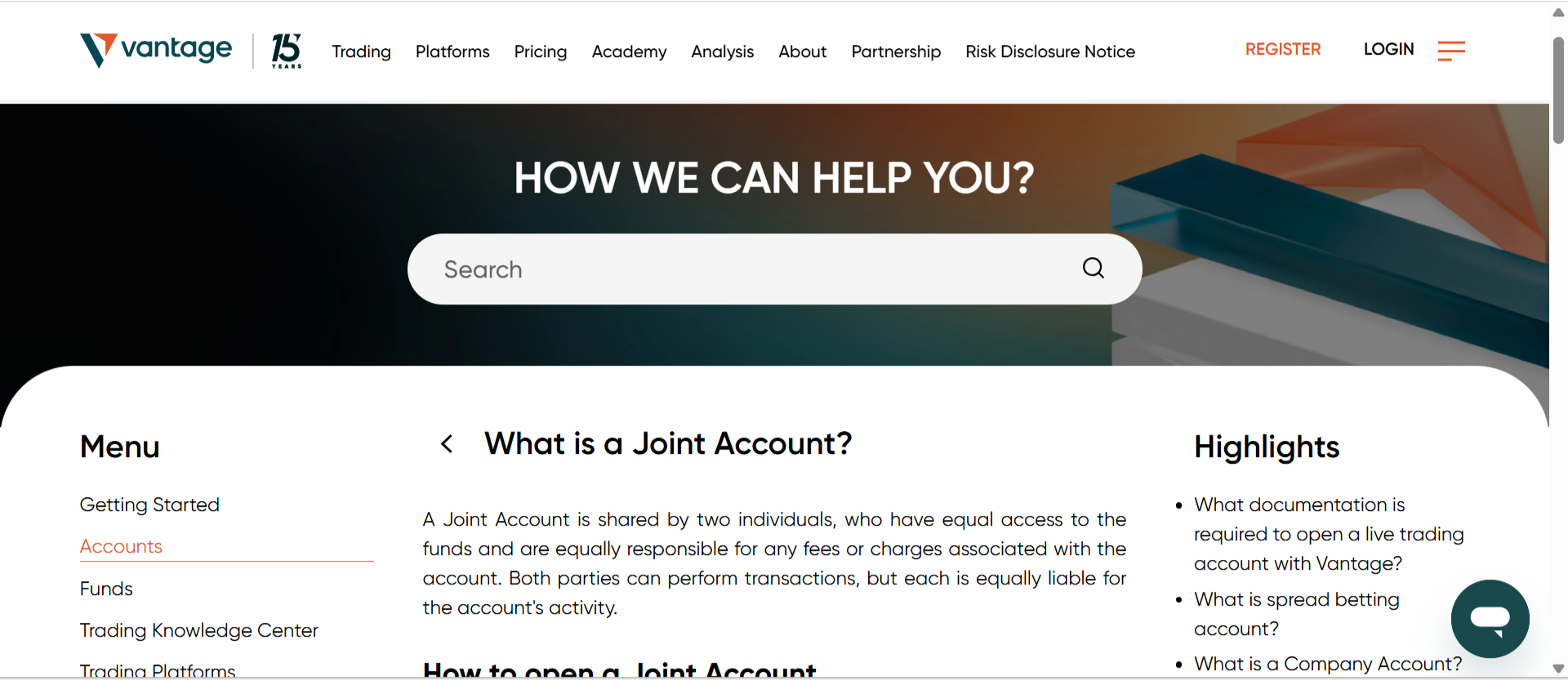 Joint account help in Vantage support centre