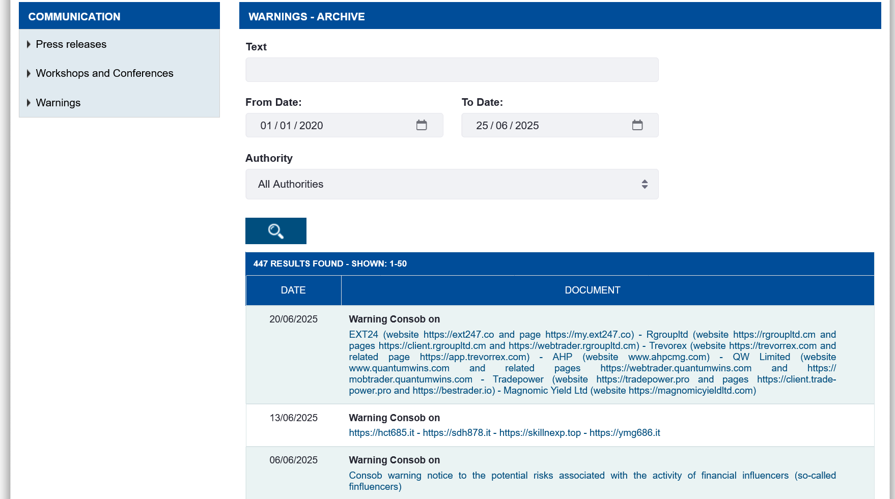 The warnings search function on CONSOB's website