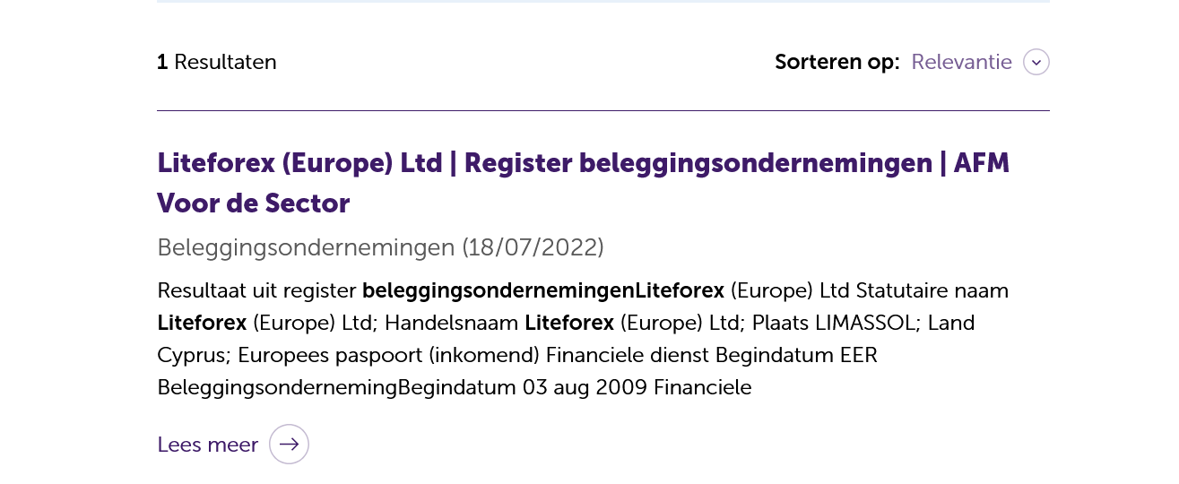 AFM search results for LiteForex Europe