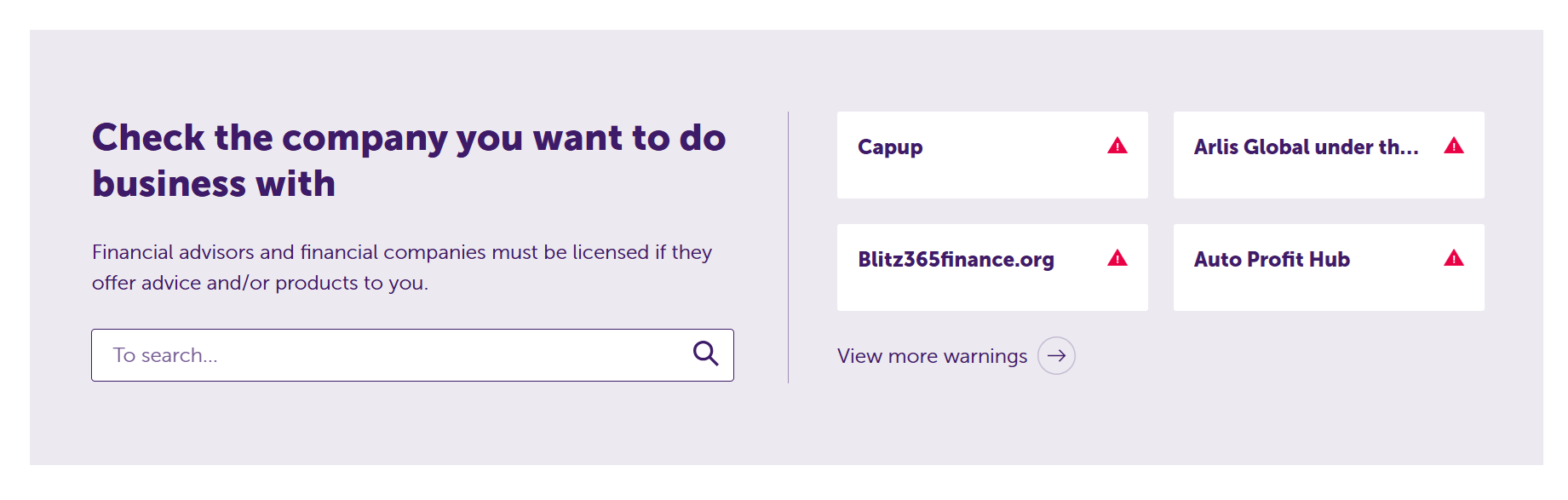 The warnings search facility on the AFM website