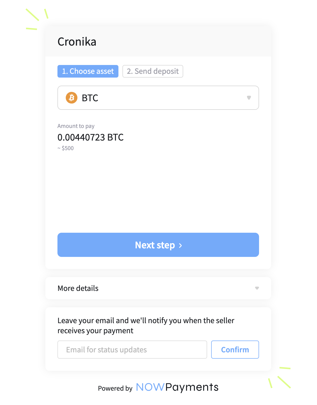 Depositing BTC at Cronika