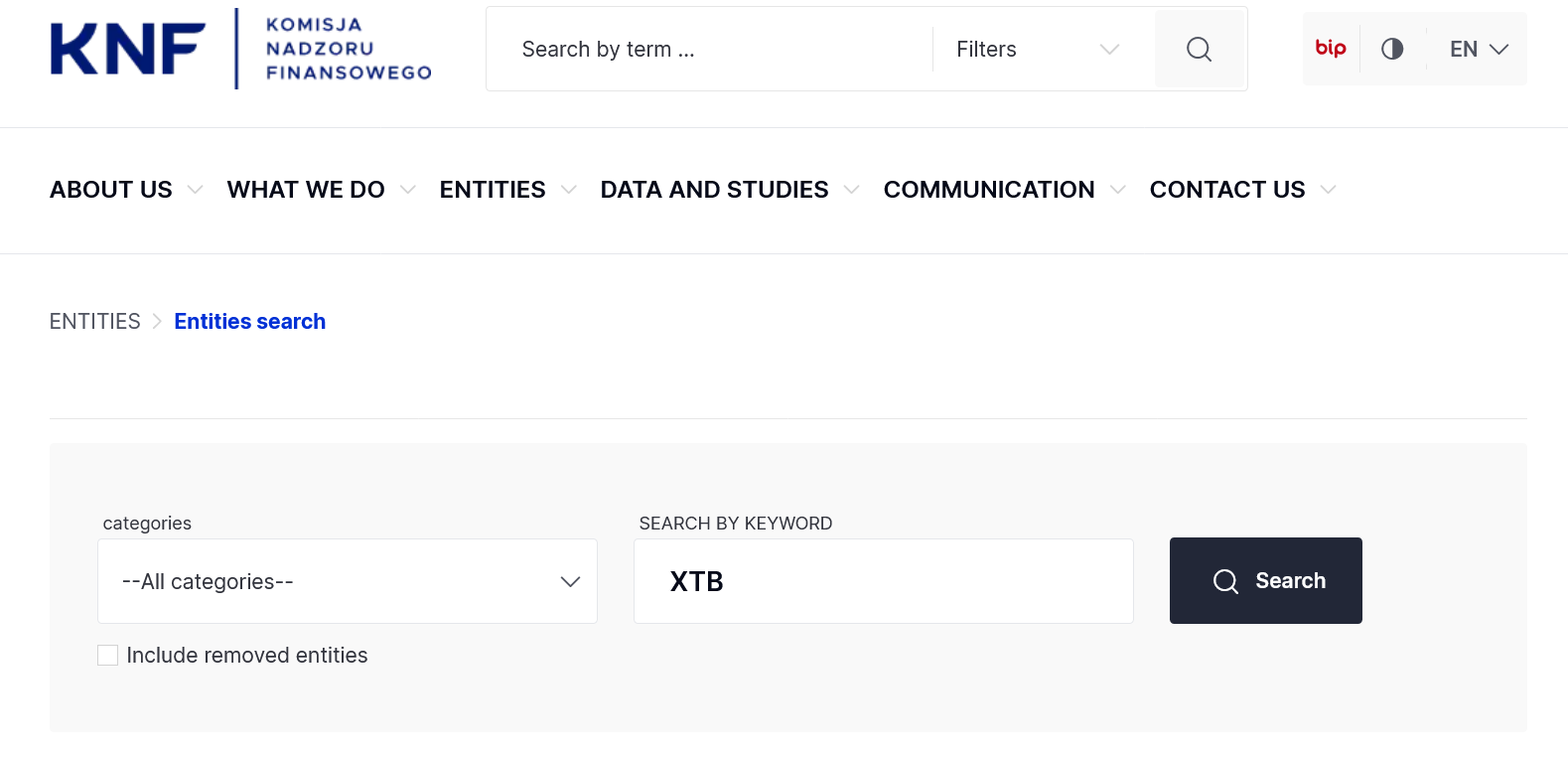 Punching the broker's name into the KNF's entities catalogue