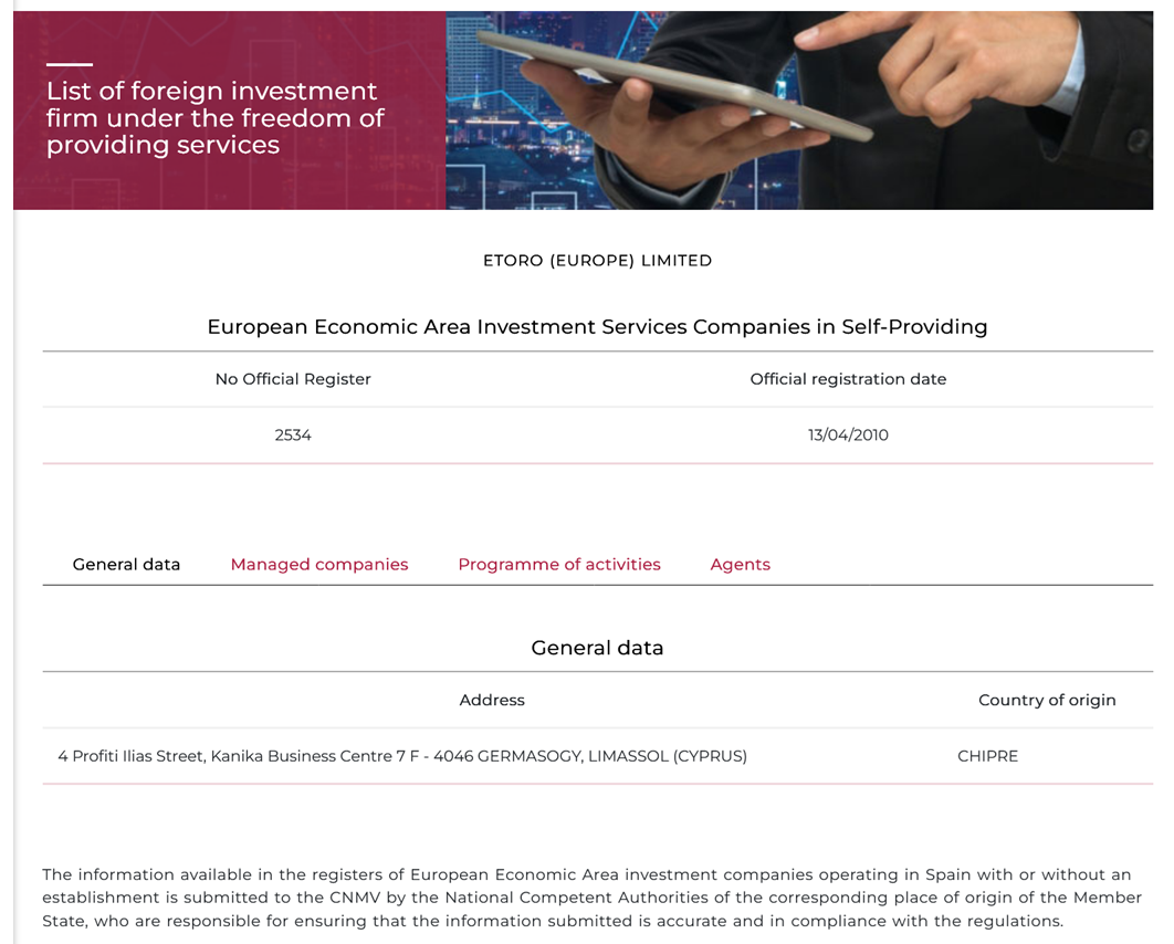 eToro's profile on CNMV's website