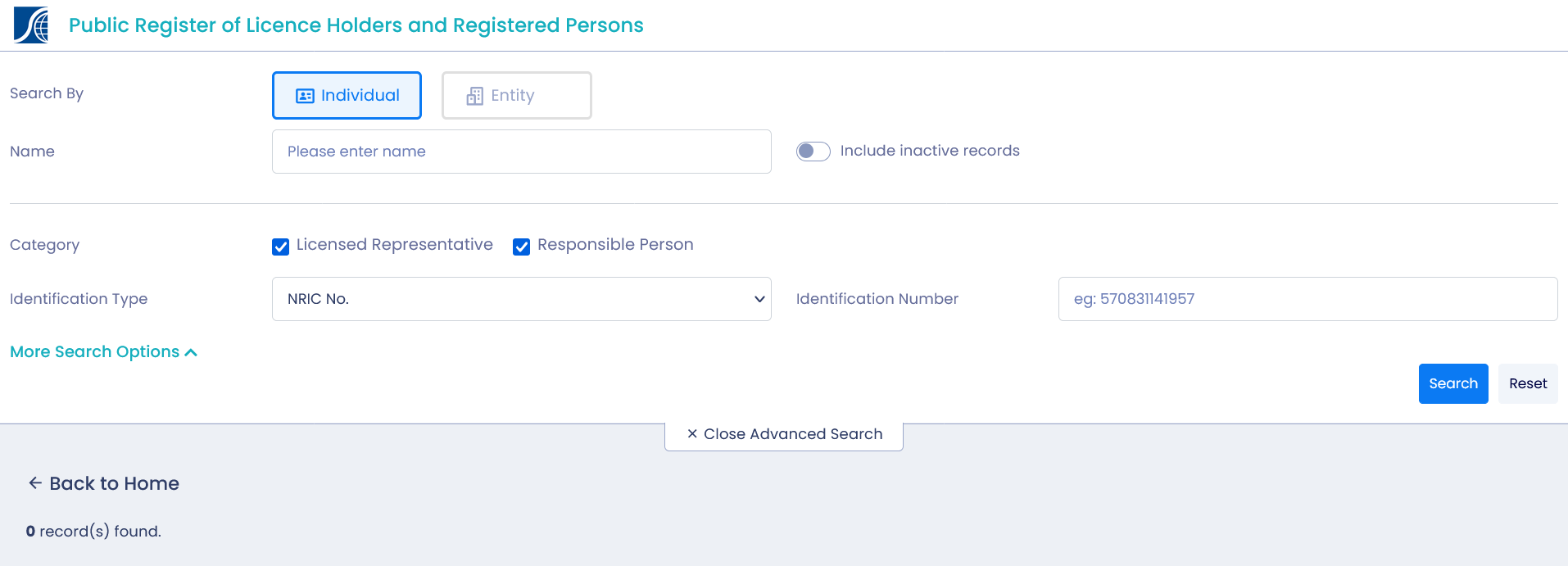 Searching using the SC's Public Register of License Holders and Registered Persons.