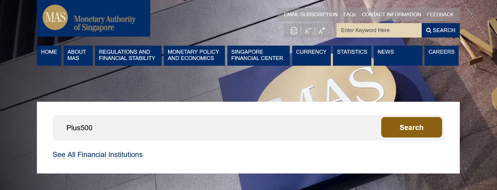 Punching Plus500 into MAS's Financial Institutions Directory