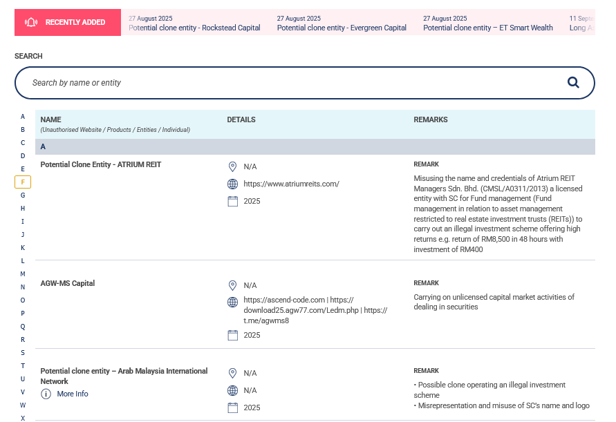 A list of investor alerts on the SC website