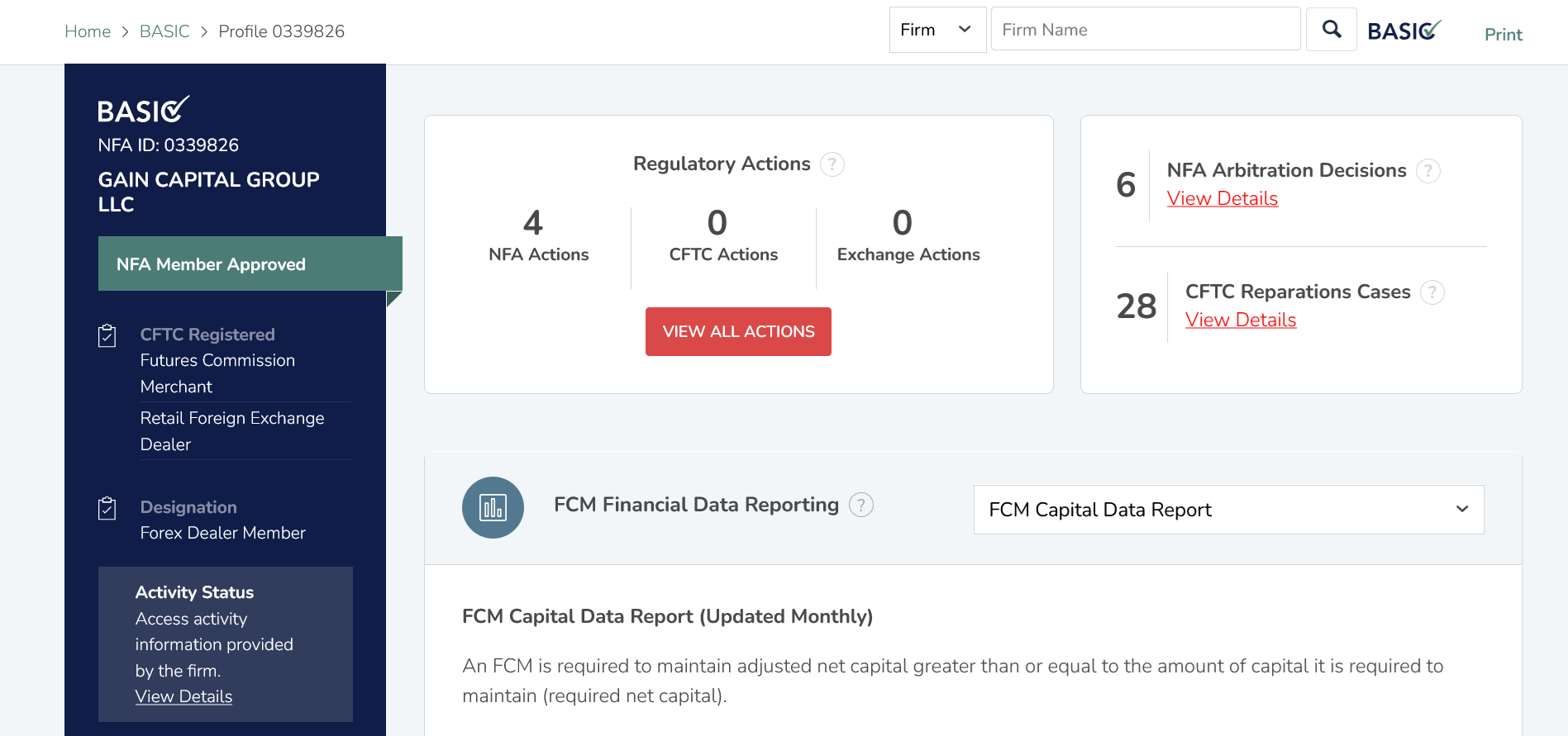 Location of FOREX.com on the NFA's BASIC database