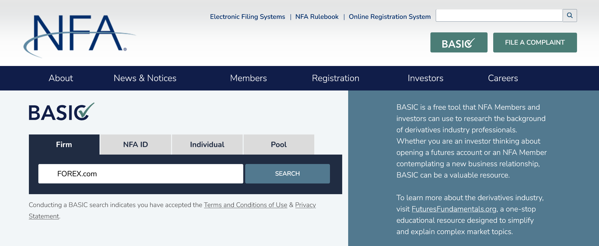 Looking for FOREX.com using the BASIC database