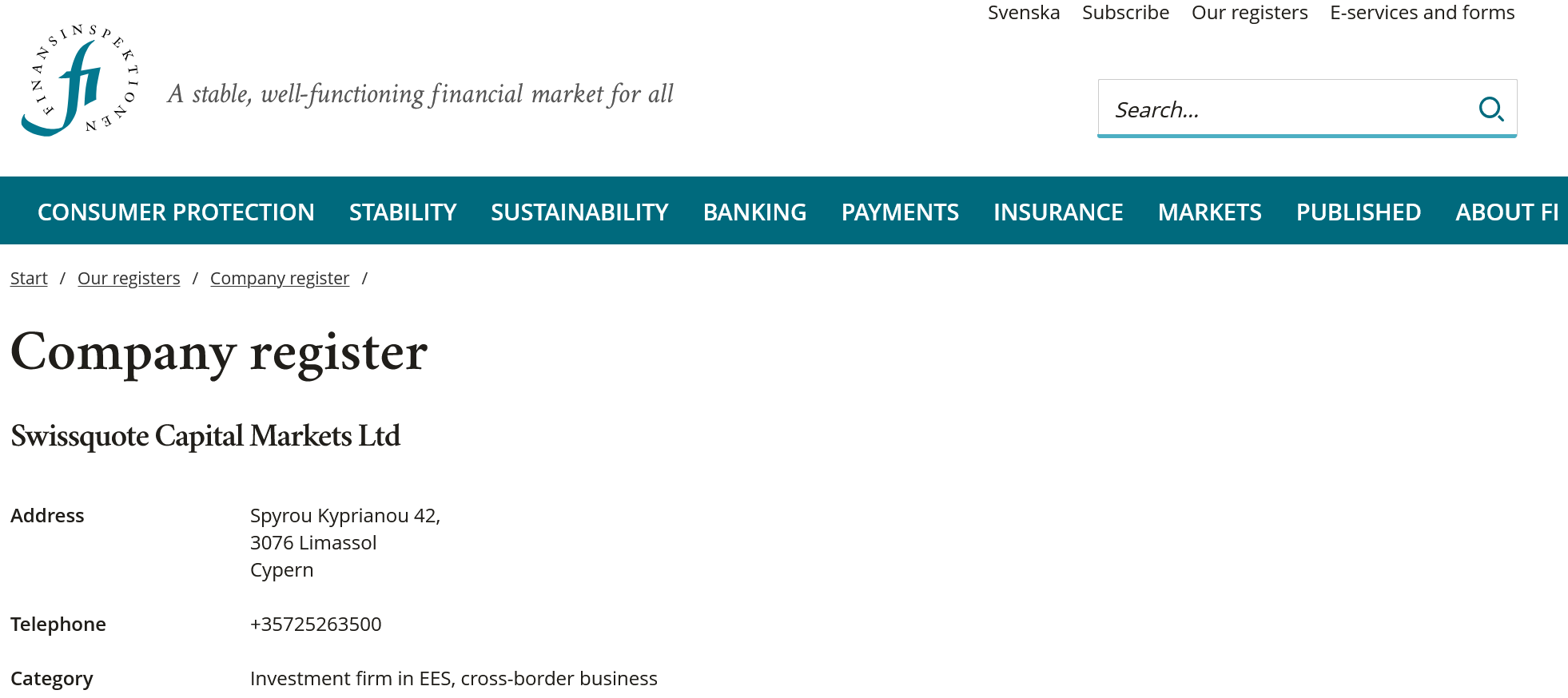 Locating Swissquote using the Finansinspektionen search facility