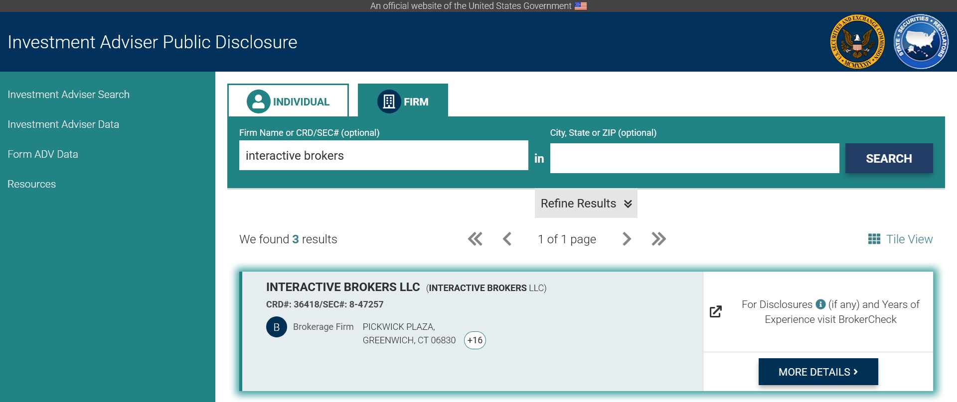 Interactive Brokers' profile on the SEC website. Source: SEC