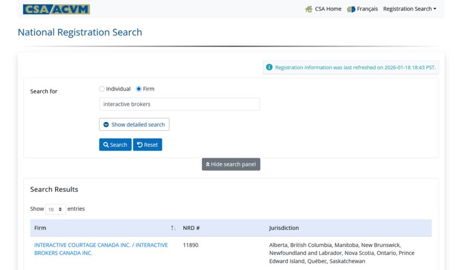 Interactive Brokers' profile on the CSA broker database