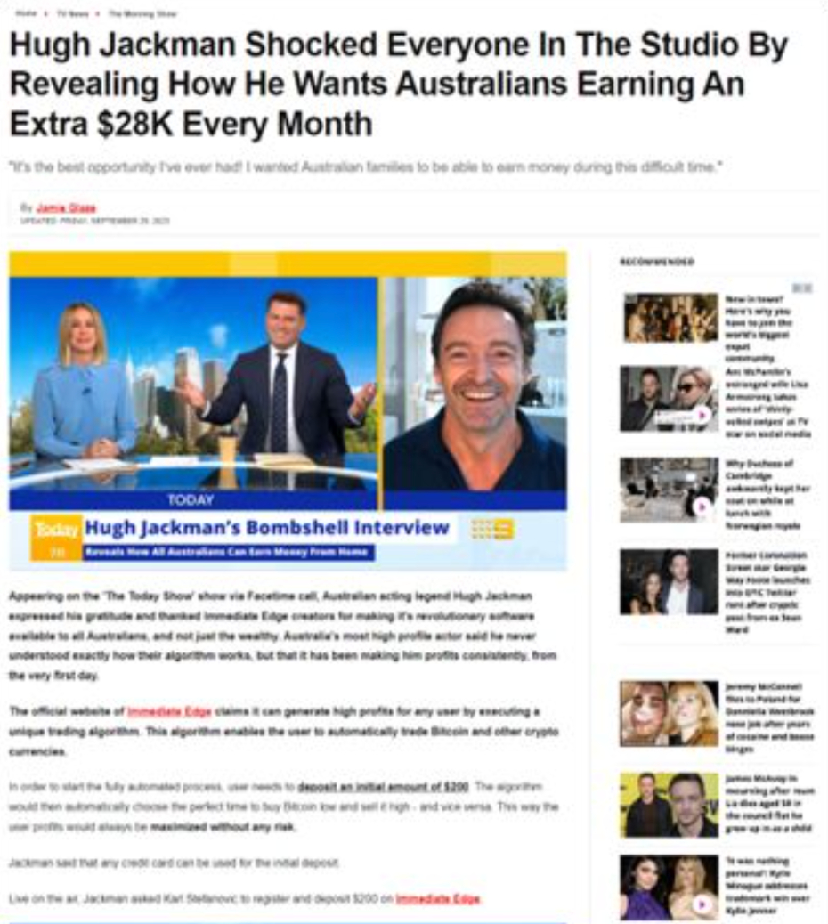 Example of a page with fake local investment scheme with Hugh Jackman on it