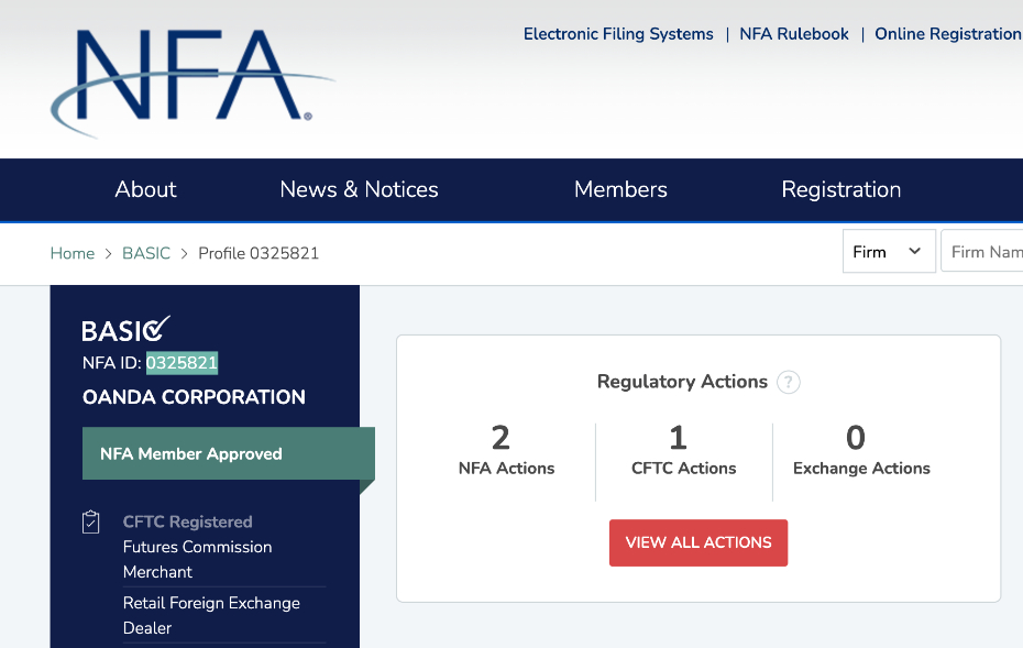 Results of running OANDA through the US' NFA regulator database