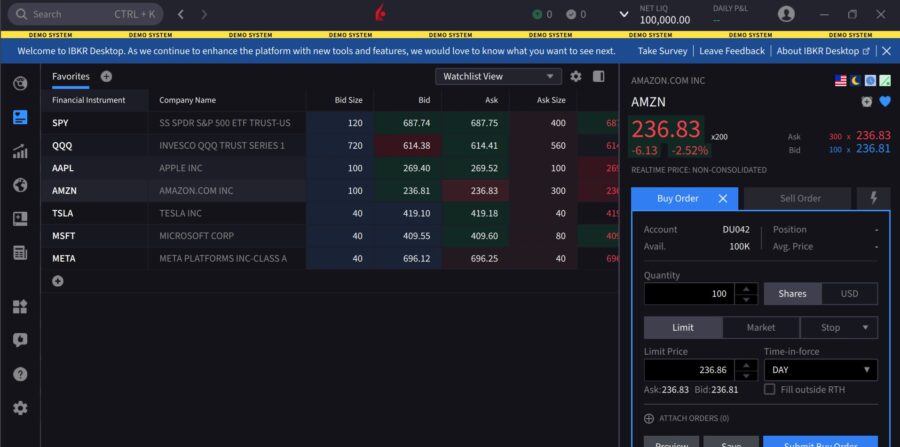 Trading Amazon shares using an InteractiveBrokers demo account
